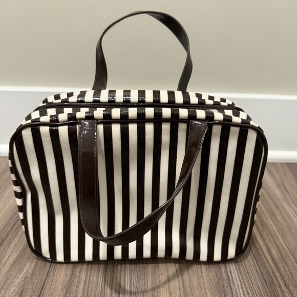 Henri Bendel Chic Vintage Brown and White Striped Cosmetic Bag - Picture 2 of 13